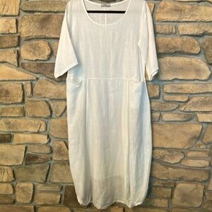 Baci Women’s Linen White Oversized Midi Dress Italy Pockets Beach Resort M-L